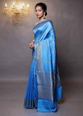 Blue Handloom Tussar Pure Silk Saree With Blouse Piece - Indian Silk House Agencies