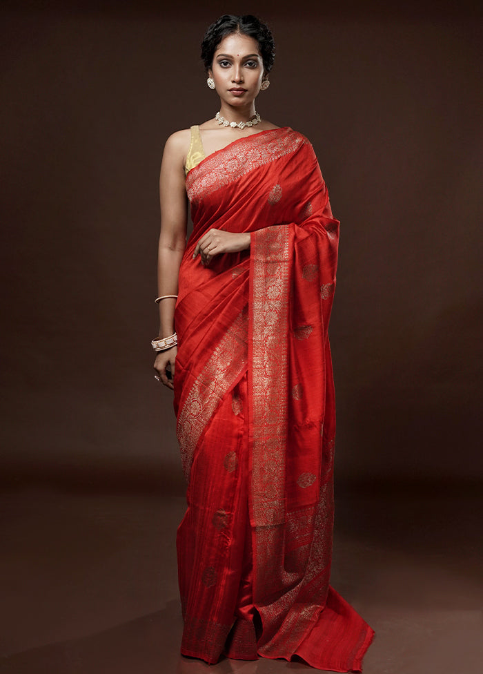 Red Tussar Pure Silk Saree With Blouse Piece - Indian Silk House Agencies