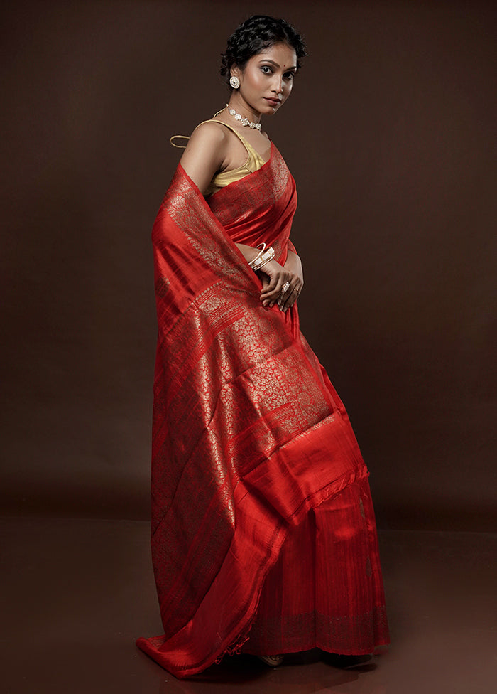 Red Tussar Pure Silk Saree With Blouse Piece - Indian Silk House Agencies