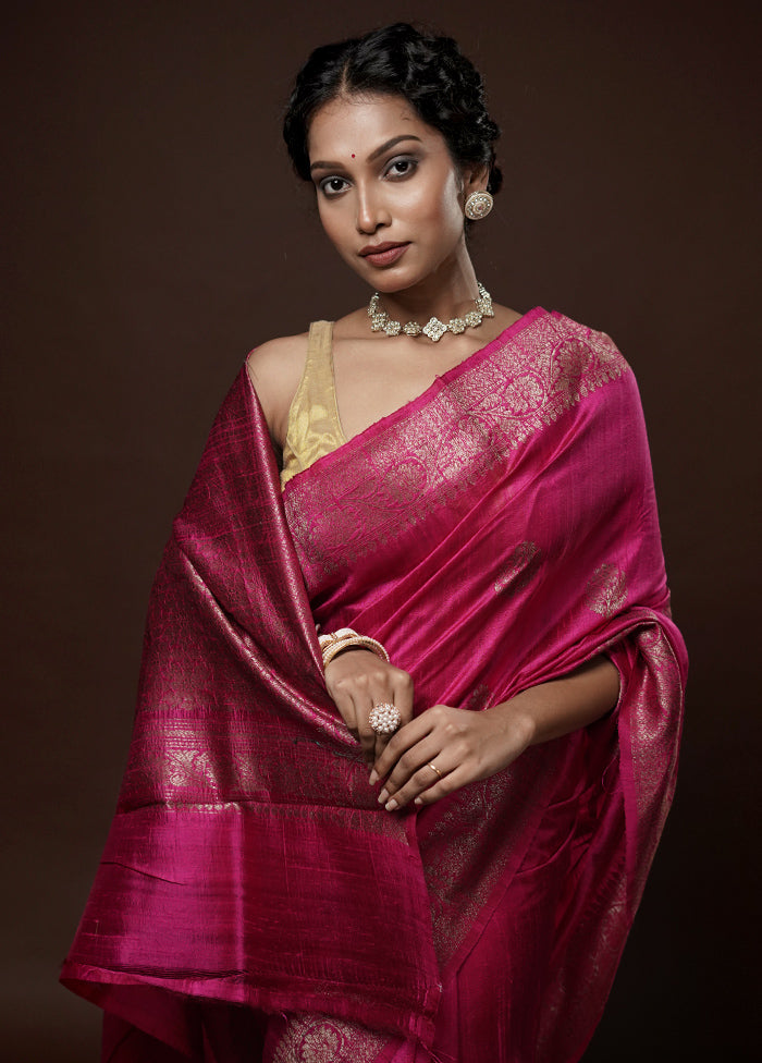 Pink Tussar Pure Silk Saree With Blouse Piece