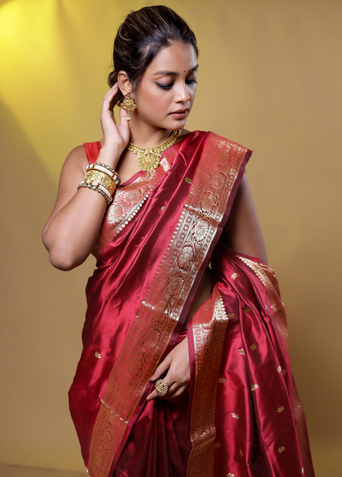 Maroon Handloom Katan Pure Silk Saree With Blouse Piece