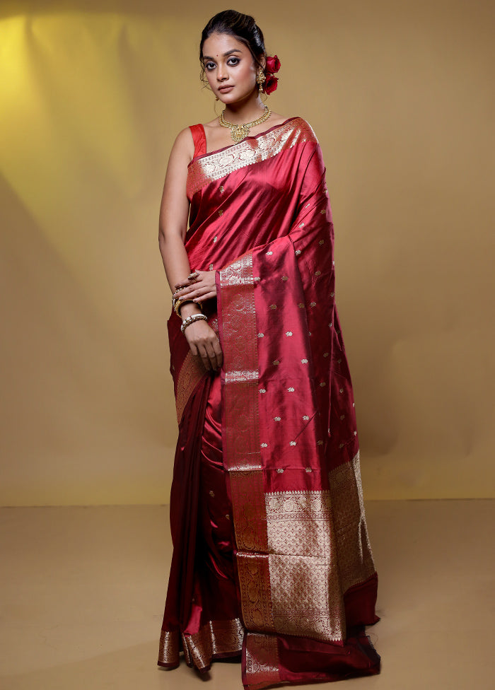 Maroon Handloom Katan Pure Silk Saree With Blouse Piece