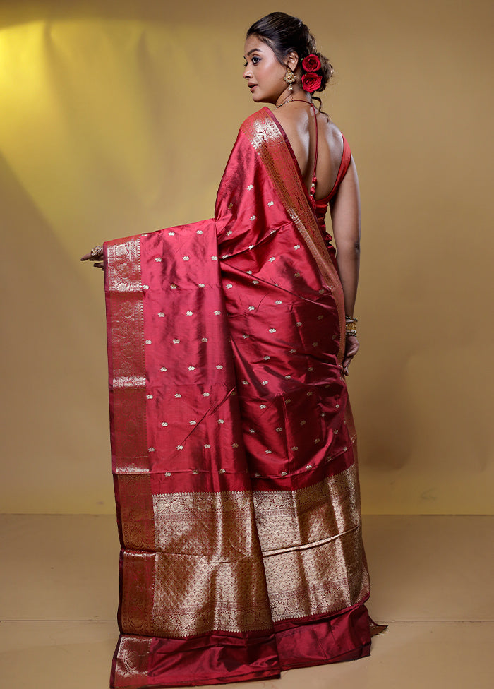 Maroon Handloom Katan Pure Silk Saree With Blouse Piece