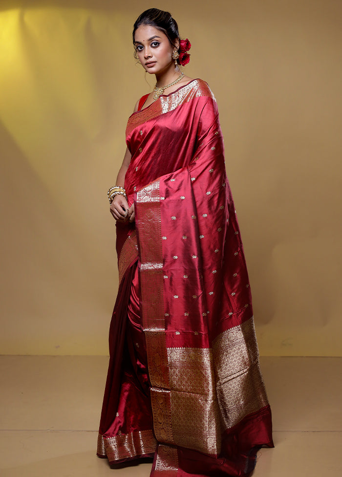 Maroon Handloom Katan Pure Silk Saree With Blouse Piece