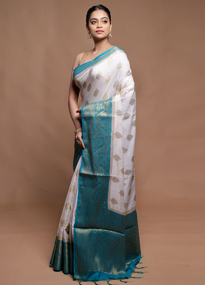 White Dupion Silk Saree With Blouse Piece