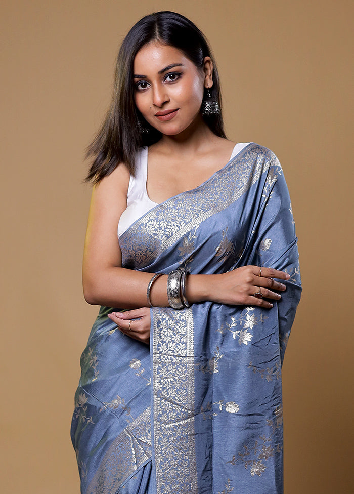 Grey Dupion Silk Saree With Blouse Piece