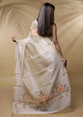 Cream Chanderi Cotton Saree Without Blouse Piece - Indian Silk House Agencies
