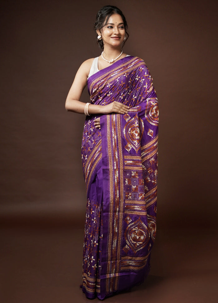 Purple Kantha Stitch Silk Saree With Blouse Piece - Indian Silk House Agencies