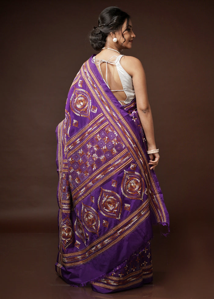 Purple Kantha Stitch Silk Saree With Blouse Piece - Indian Silk House Agencies