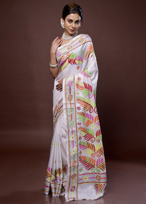 White Kantha Stitch Silk Saree With Blouse Piece - Indian Silk House Agencies