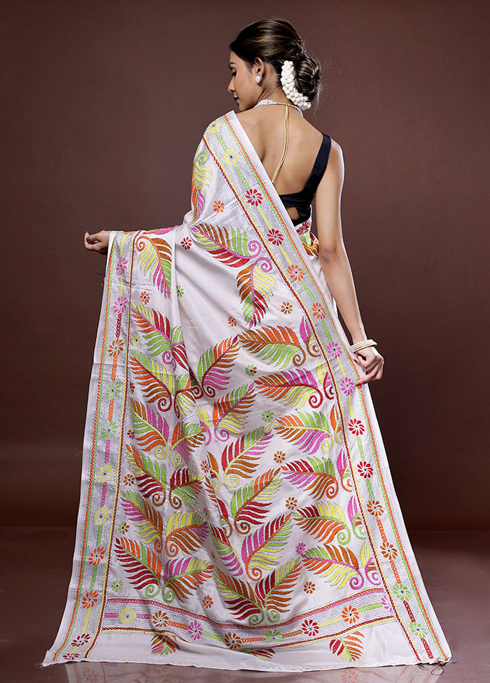 White Kantha Stitch Silk Saree With Blouse Piece - Indian Silk House Agencies