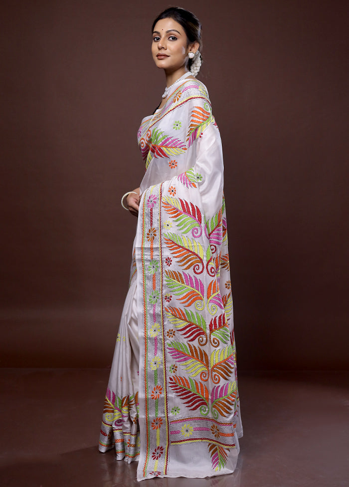 White Kantha Stitch Silk Saree With Blouse Piece - Indian Silk House Agencies
