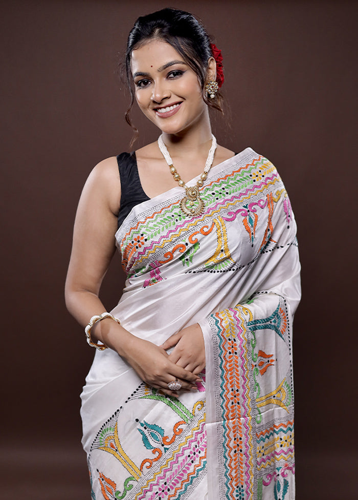 White Kantha Stitch Silk Saree Without Blouse Piece