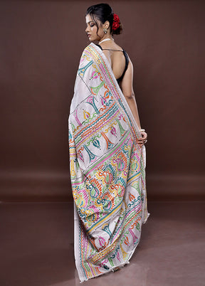 White Kantha Stitch Silk Saree Without Blouse Piece - Indian Silk House Agencies