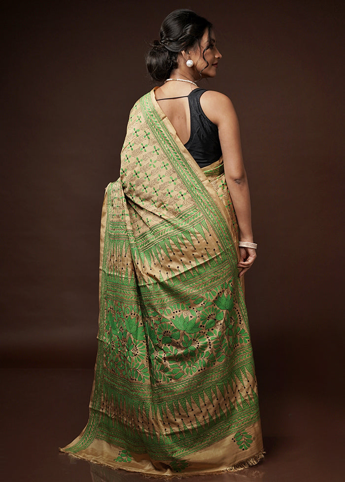 Cream Kantha Stitch Silk Saree With Blouse Piece - Indian Silk House Agencies