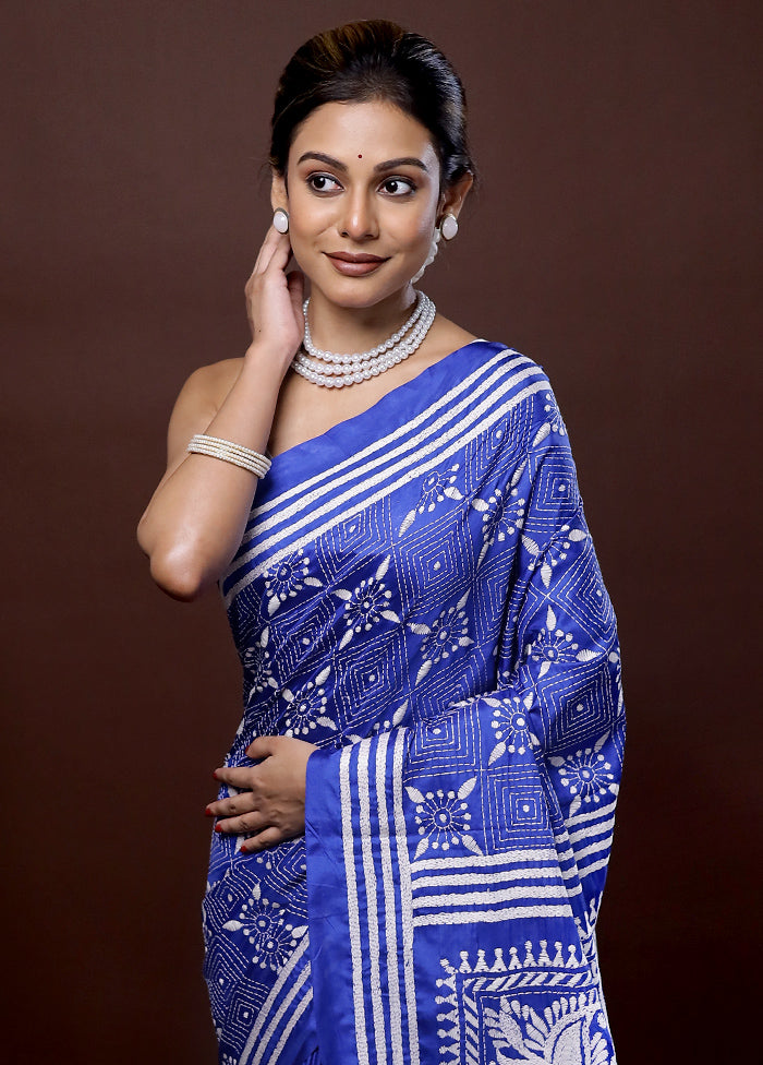 Blue Kantha Stitch Silk Saree With Blouse Piece - Indian Silk House Agencies