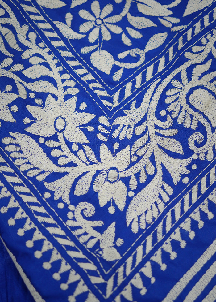 Blue Kantha Stitch Silk Saree With Blouse Piece - Indian Silk House Agencies
