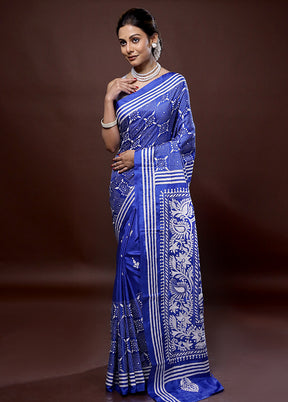 Blue Kantha Stitch Silk Saree With Blouse Piece - Indian Silk House Agencies