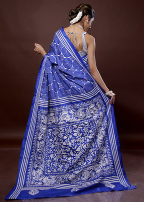 Blue Kantha Stitch Silk Saree With Blouse Piece - Indian Silk House Agencies