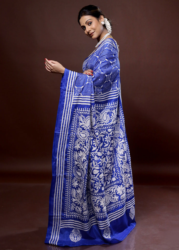 Blue Kantha Stitch Silk Saree With Blouse Piece - Indian Silk House Agencies