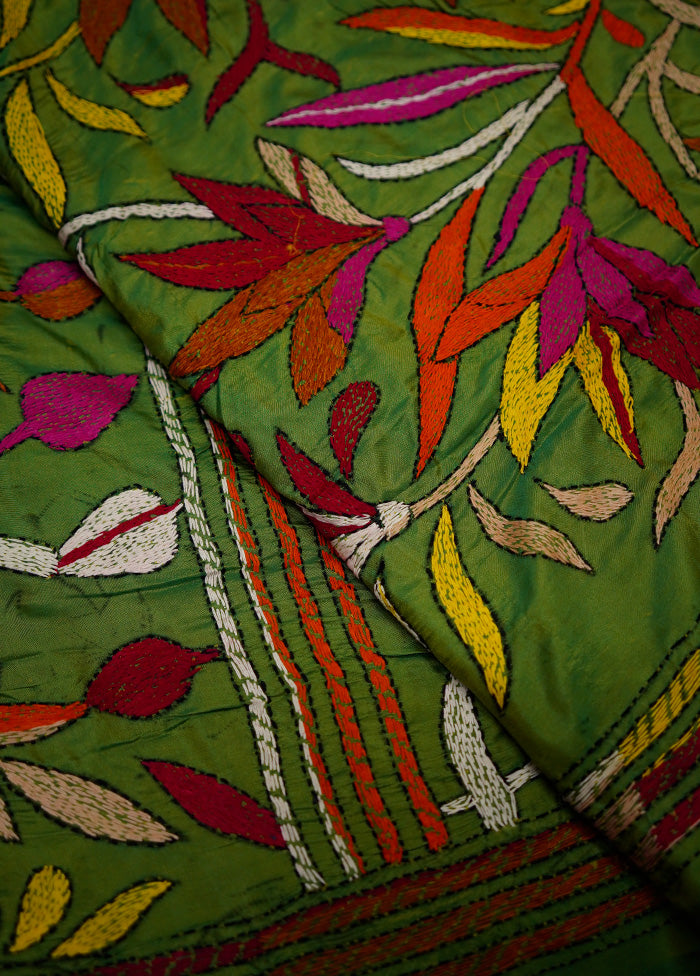 Green Kantha Stitch Silk Saree Without Blouse Piece - Indian Silk House Agencies