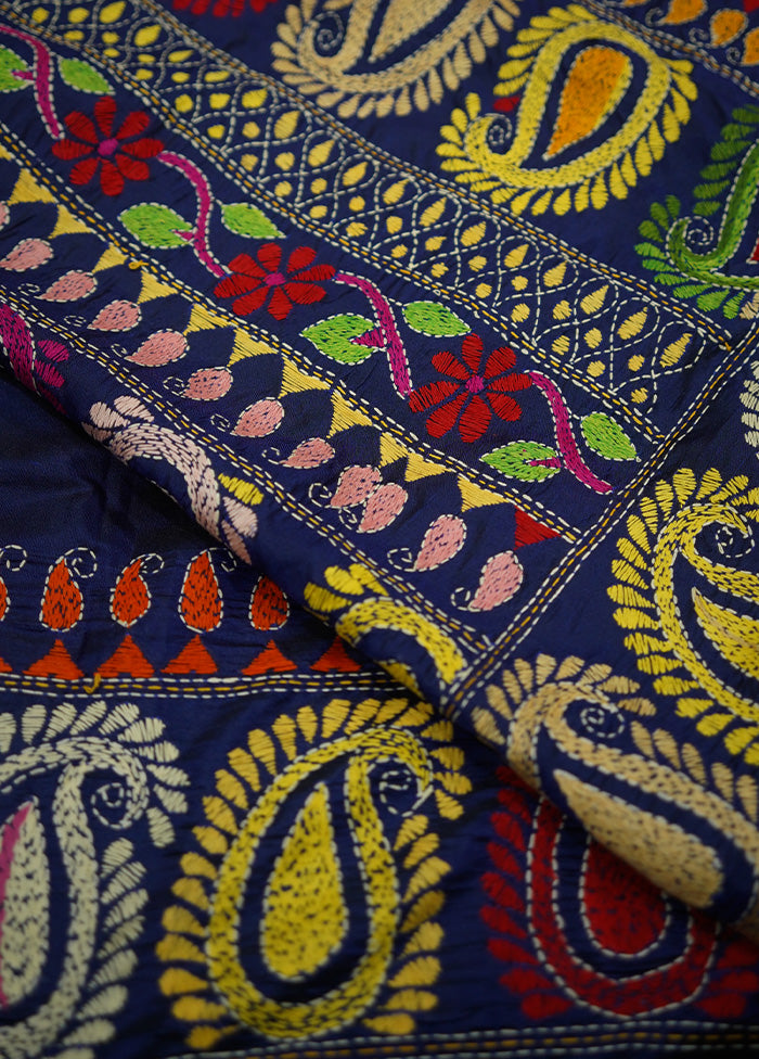 Blue Kantha Stitch Silk Saree With Blouse Piece