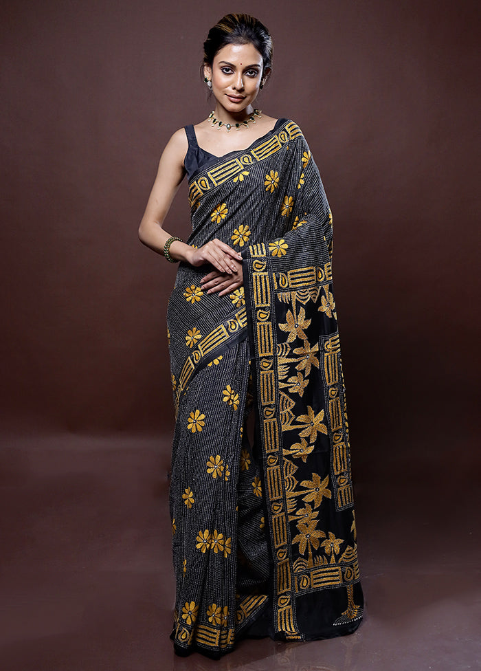 Grey Kantha Stitch Silk Saree Without Blouse Piece - Indian Silk House Agencies