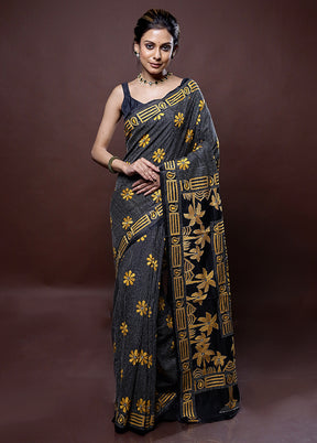 Grey Kantha Stitch Silk Saree Without Blouse Piece - Indian Silk House Agencies