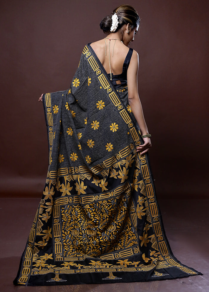 Grey Kantha Stitch Silk Saree Without Blouse Piece - Indian Silk House Agencies