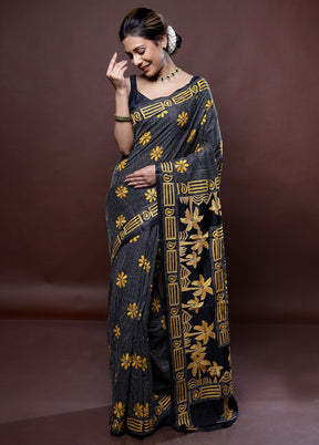 Grey Kantha Stitch Silk Saree Without Blouse Piece - Indian Silk House Agencies