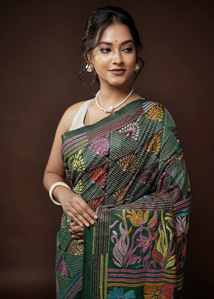 Green Kantha Stitch Silk Saree With Blouse Piece - Indian Silk House Agencies