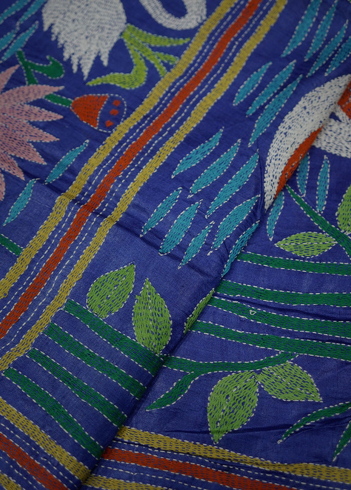 Blue Kantha Stitch Pure Silk Saree With Blouse Piece - Indian Silk House Agencies