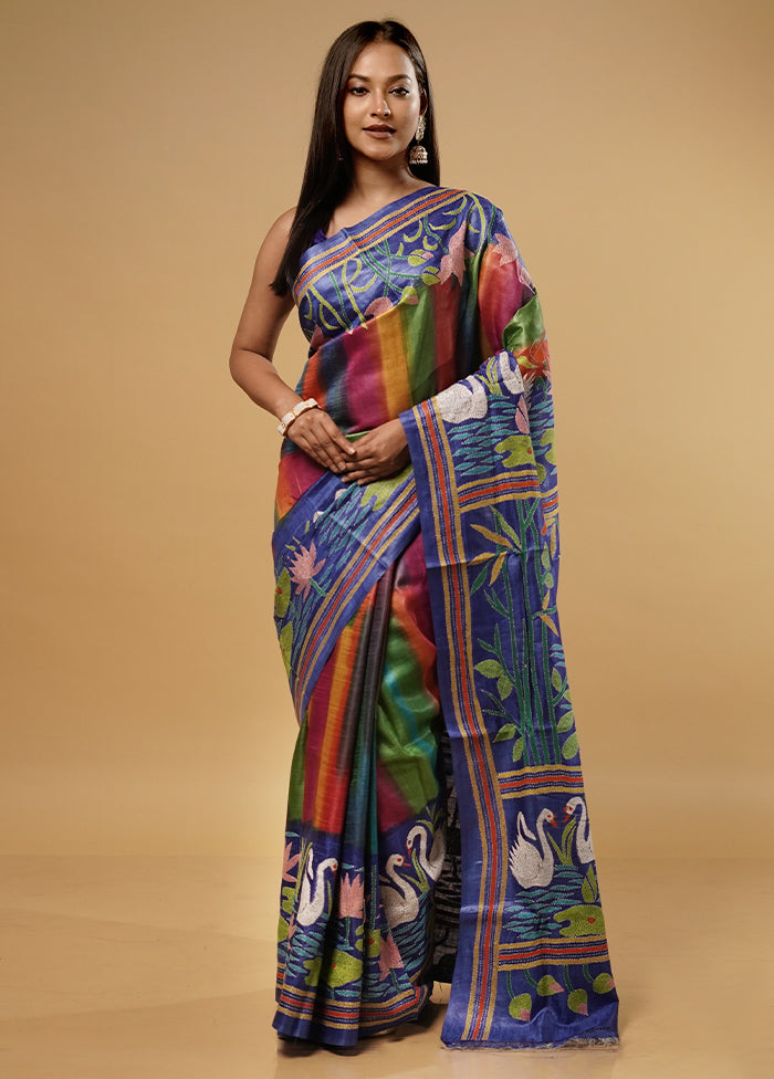 Blue Kantha Stitch Pure Silk Saree With Blouse Piece