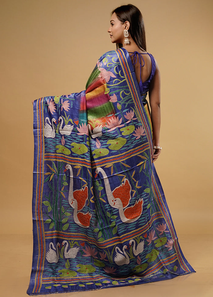 Blue Kantha Stitch Pure Silk Saree With Blouse Piece