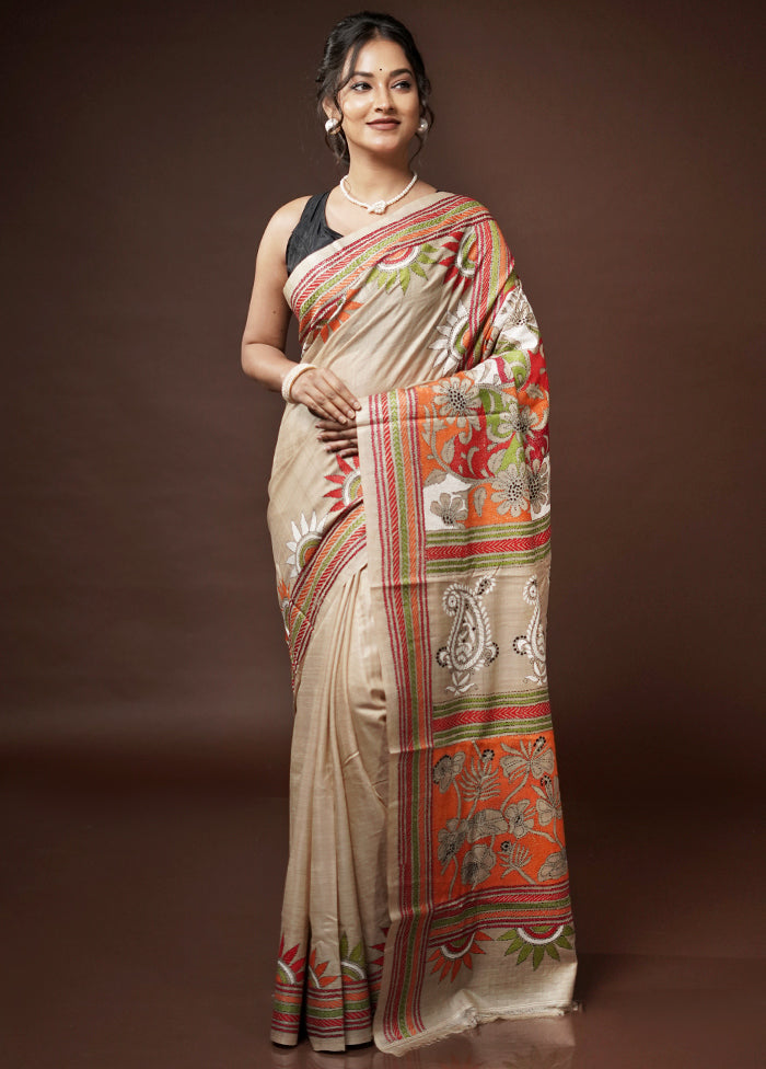 Cream Kantha Stitch Pure Silk Saree With Blouse Piece - Indian Silk House Agencies