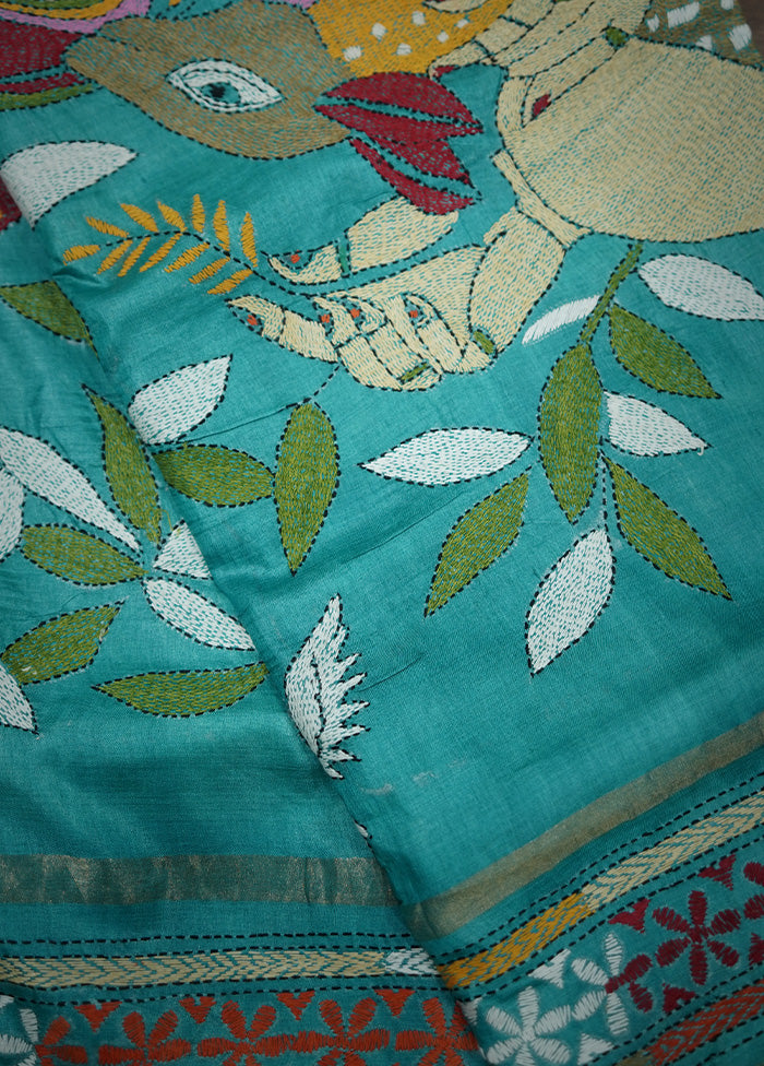 Green Kantha Stitch Pure Silk Saree With Blouse Piece