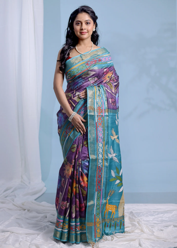 Green Kantha Stitch Pure Silk Saree With Blouse Piece
