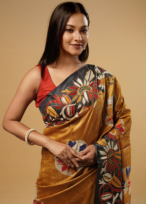 Yellow Kantha Stitch Pure Silk Saree With Blouse Piece