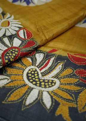 Yellow Kantha Stitch Pure Silk Saree With Blouse Piece