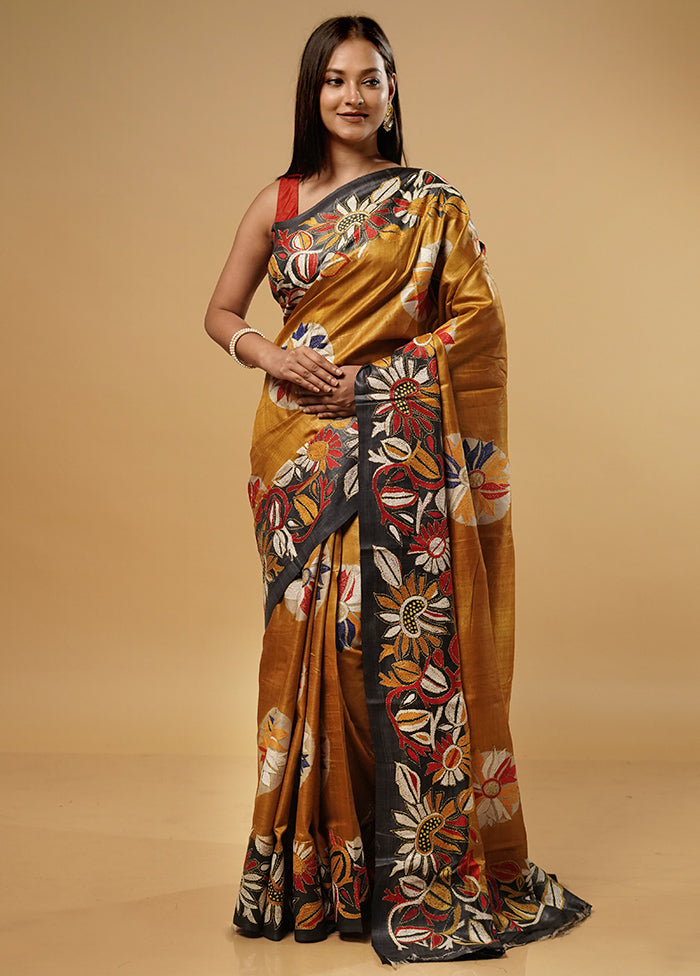 Yellow Kantha Stitch Pure Silk Saree With Blouse Piece