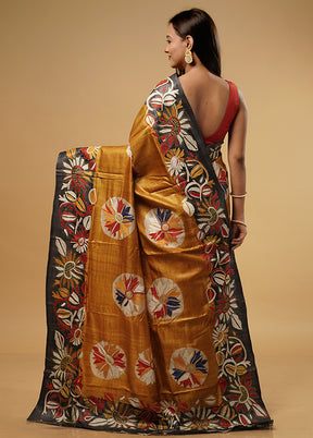 Yellow Kantha Stitch Pure Silk Saree With Blouse Piece