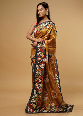 Yellow Kantha Stitch Pure Silk Saree With Blouse Piece