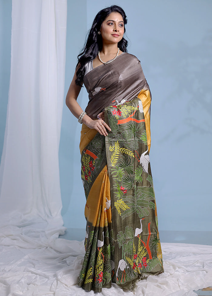 Yellow Kantha Stitch Pure Silk Saree With Blouse Piece