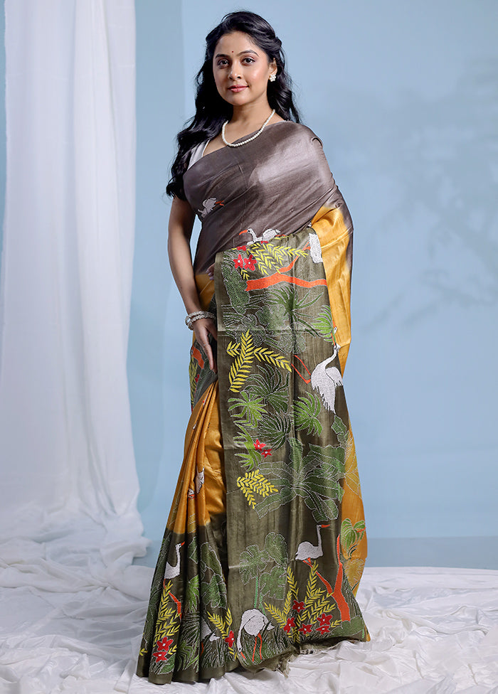Yellow Kantha Stitch Pure Silk Saree With Blouse Piece - Indian Silk House Agencies