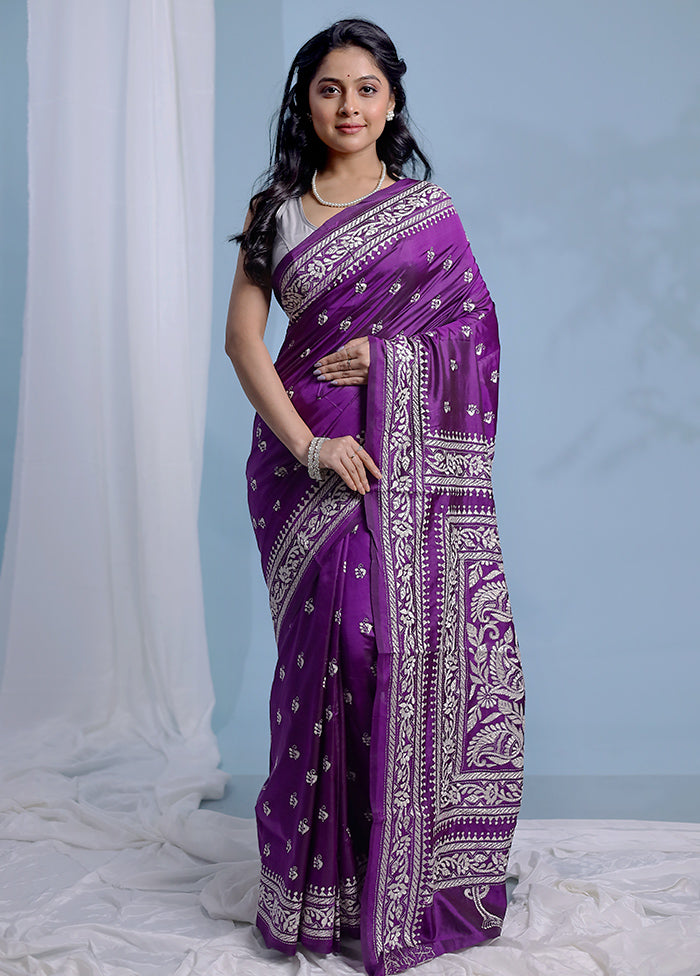 Purple Kantha Stitch Pure Silk Saree With Blouse Piece