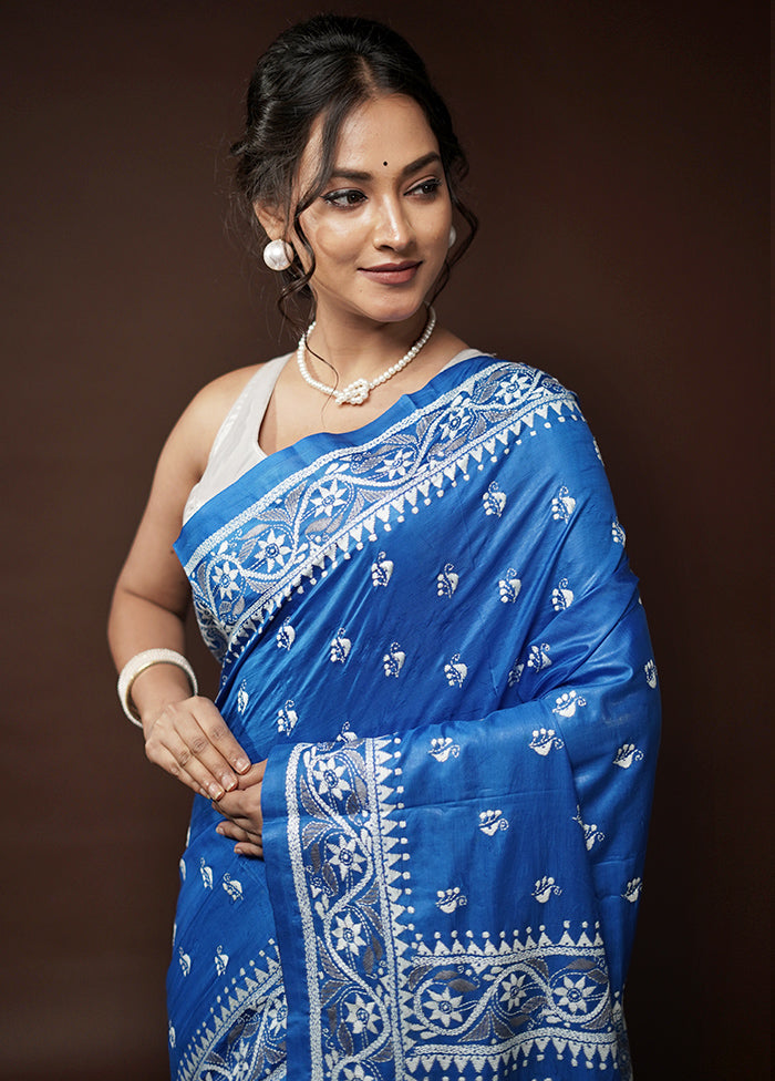 Blue Kantha Stitch Pure Silk Saree With Blouse Piece - Indian Silk House Agencies