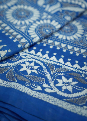 Blue Kantha Stitch Pure Silk Saree With Blouse Piece - Indian Silk House Agencies