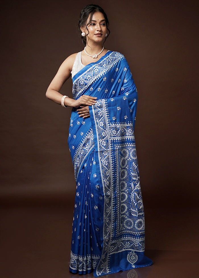 Blue Kantha Stitch Pure Silk Saree With Blouse Piece - Indian Silk House Agencies