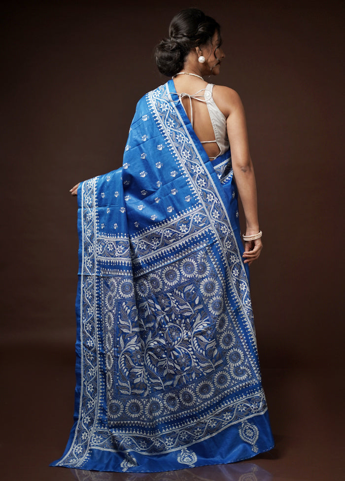 Blue Kantha Stitch Pure Silk Saree With Blouse Piece - Indian Silk House Agencies