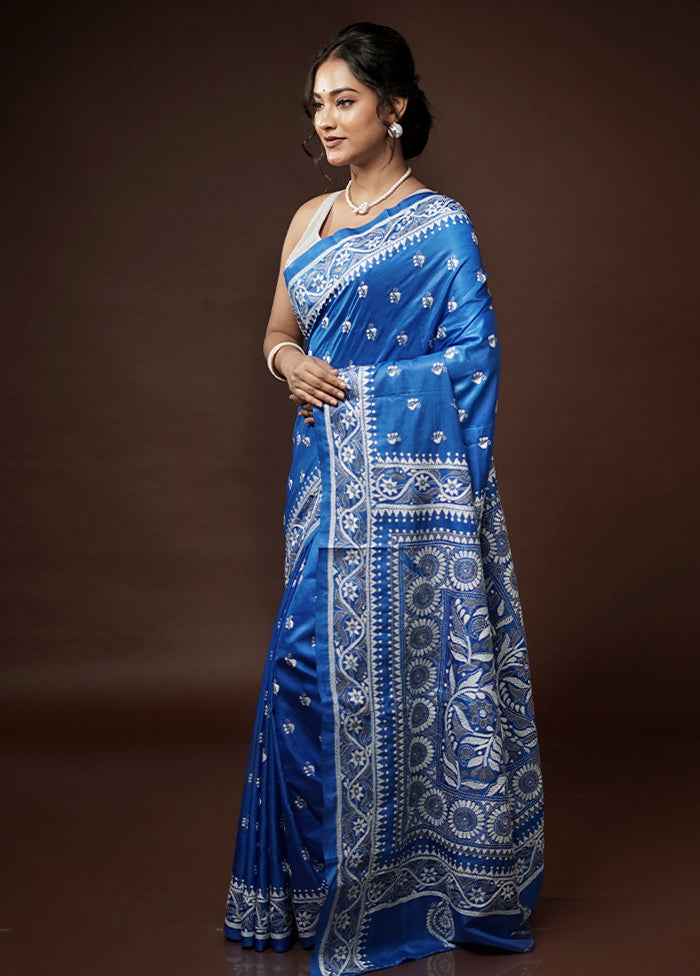 Blue Kantha Stitch Pure Silk Saree With Blouse Piece - Indian Silk House Agencies